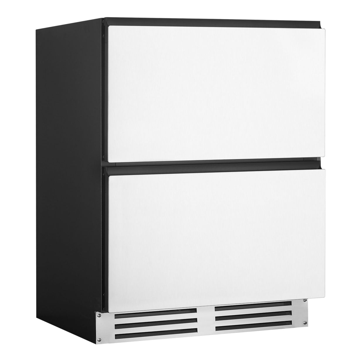 Artusi AUBF620X dual drawer beverage chiller angled view showing the black body and stainless steel drawer fronts