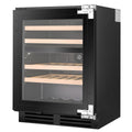 Artusi AINT119GWE underbench wine cellar, angled front view showing the glass door, silver hinges and base grille