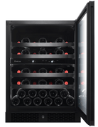 Artusi AWC37BV wine cellar with the door open, showing bottles on shelves in both zones