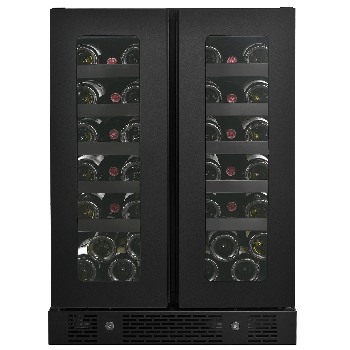 Artusi AWC36BV wine cellar, front view with both zones lit and bottles stored