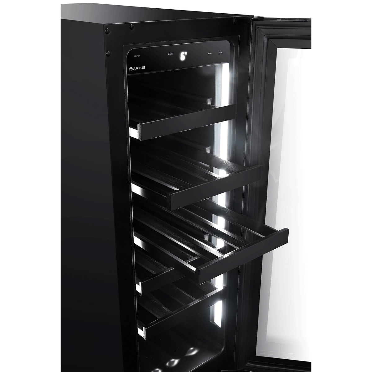 Artusi AWC18BV wine cellar, black wooden shelf pulled out under white LED lighting