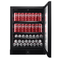 Artusi ABC142BV beverage cooler with door open, stocked with cans