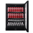 Artusi ABC142BV beverage cooler with door open, stocked with cans