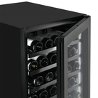 Artusi AWC154BV wine cellar, close-up of the open door and bottles on the lower shelves