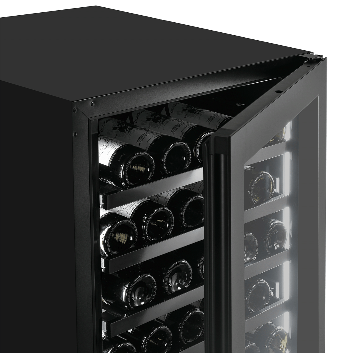 Artusi AWC154BV wine cellar, close-up of the open door and bottles on the lower shelves