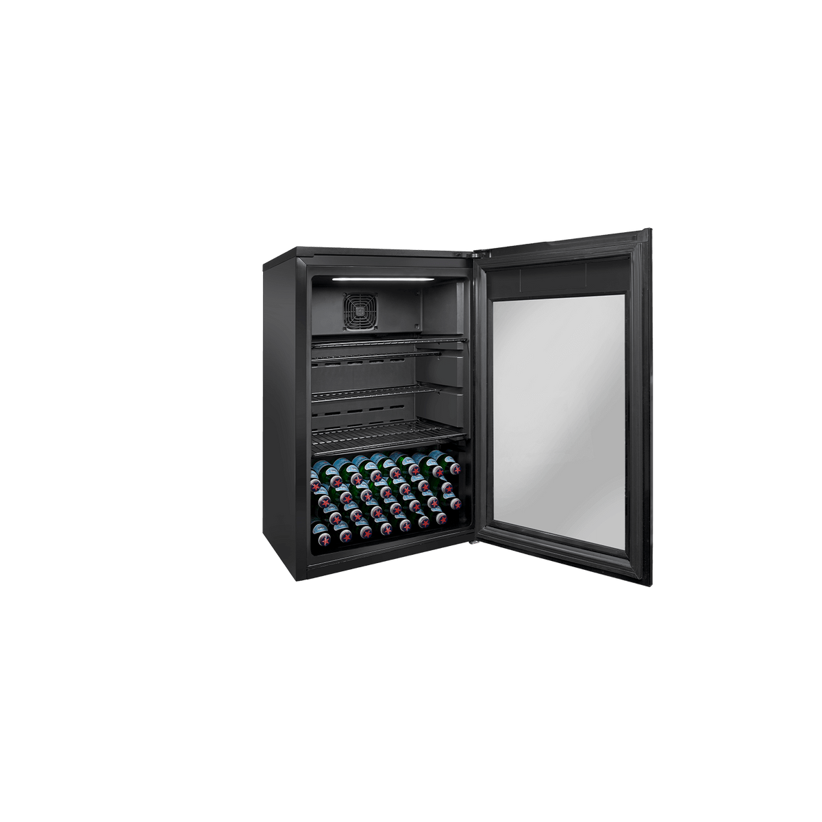 Artusi ABC1B bar fridge with door open showing shelves and interior