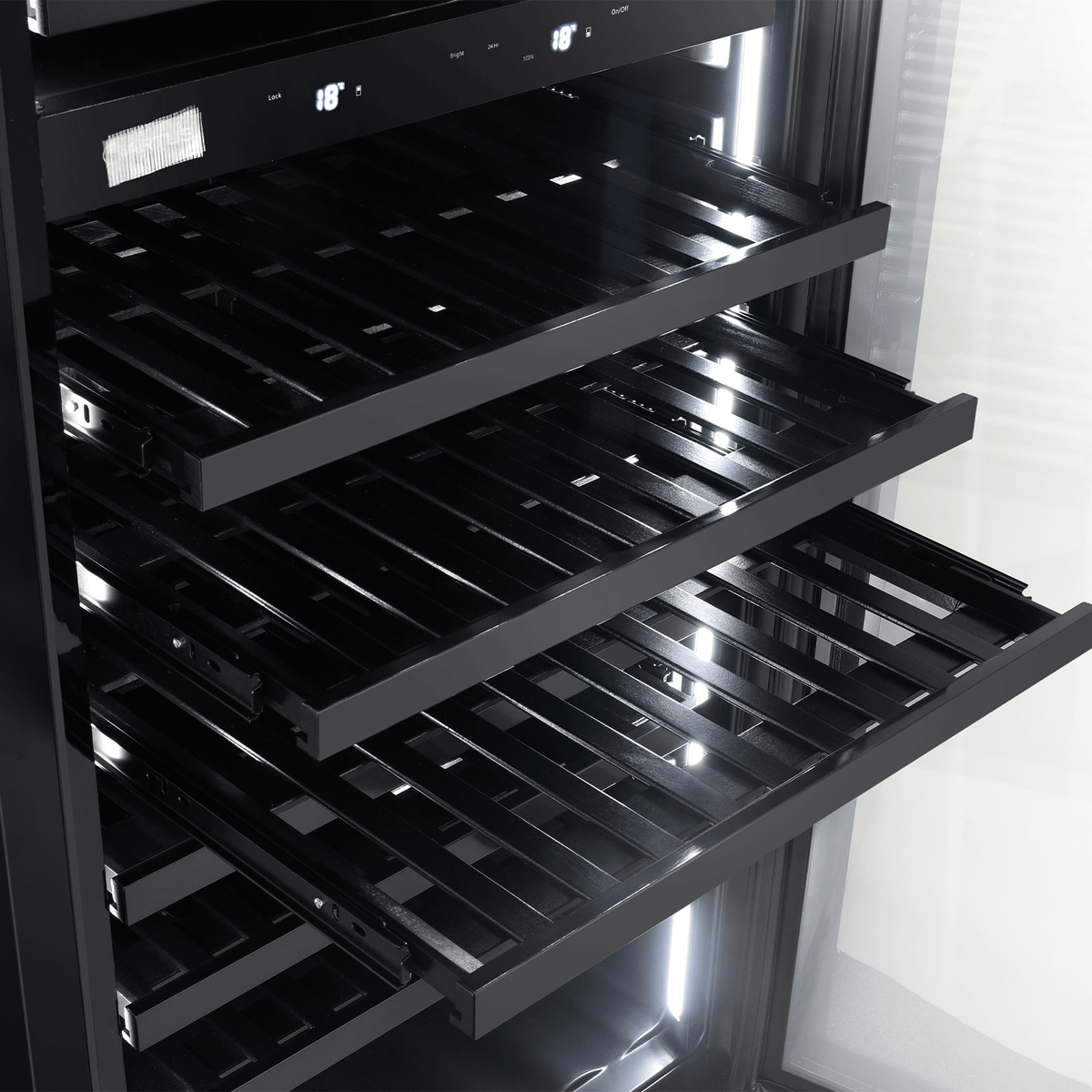 Artusi AWC154BV wine cellar, black wooden shelves pulled out under white LED lighting