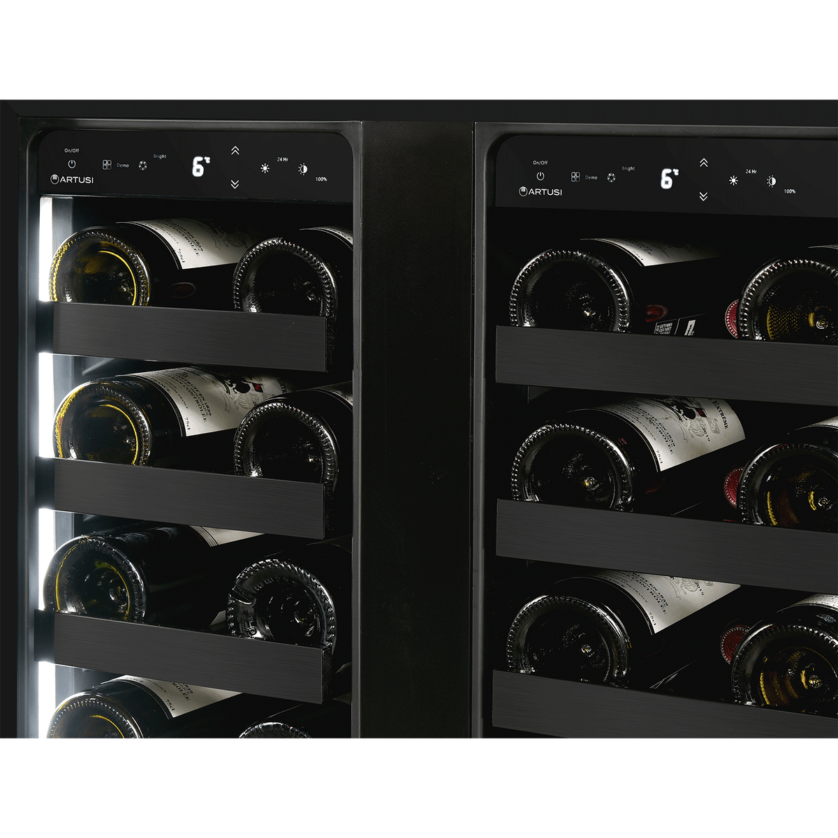 Artusi AWC36BV wine cellar, close-up of bottles on the two half-width shelves