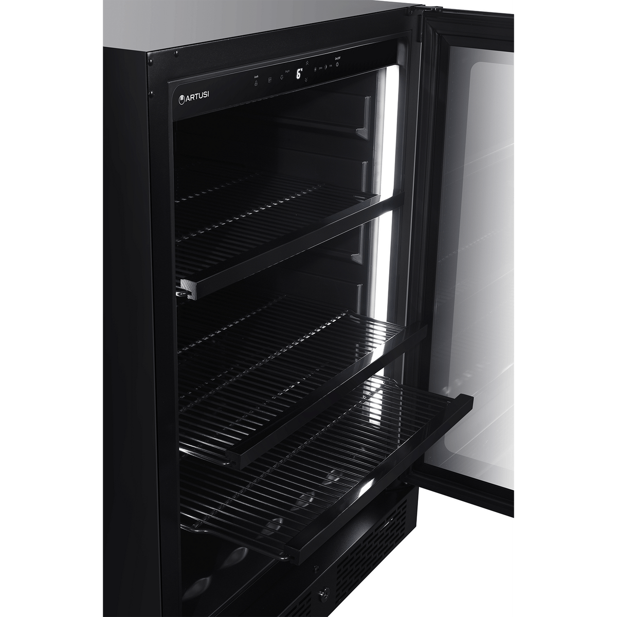 Artusi ABC142BV beverage cooler with door open showing wire shelves and LED lighting