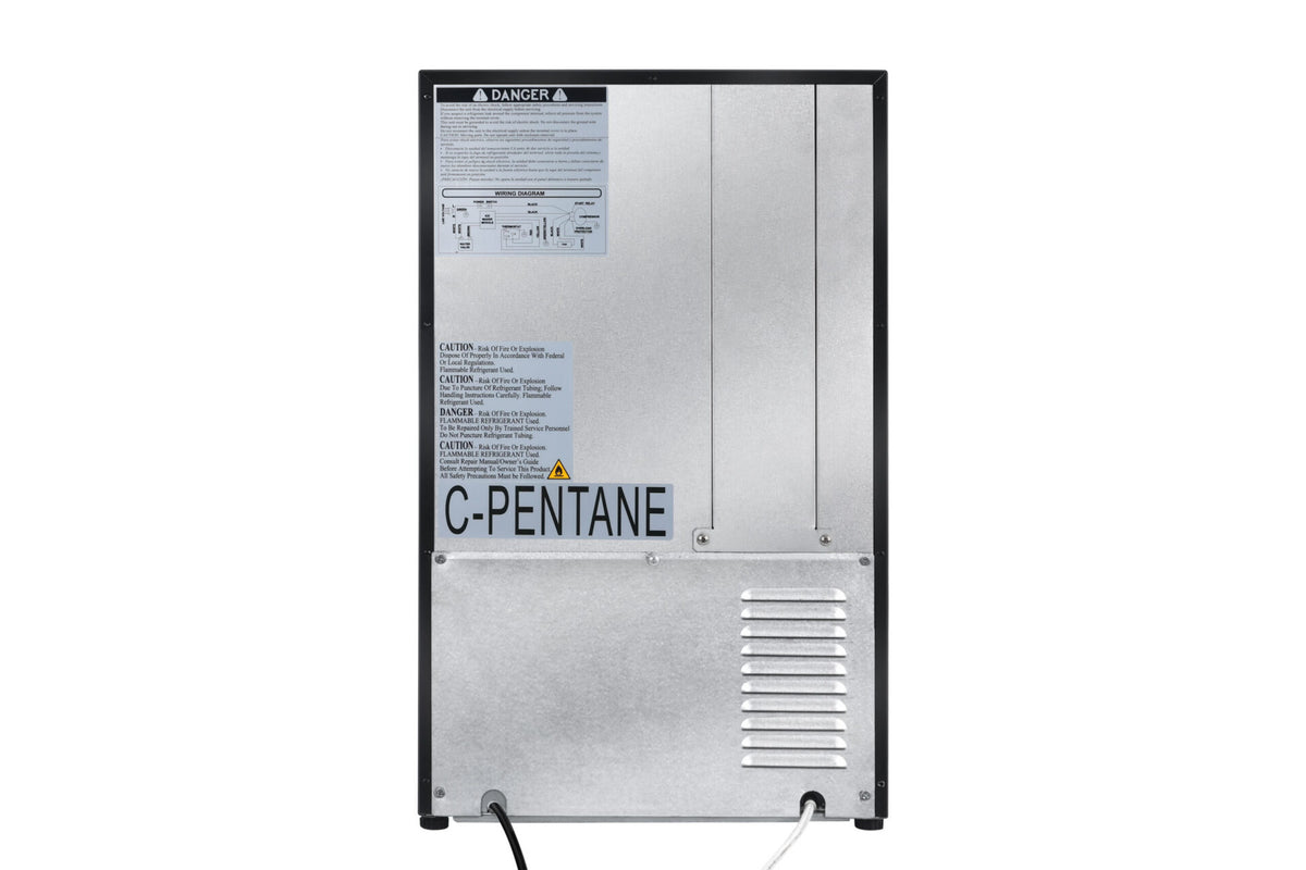 Artusi AIM4009B ice maker, rear view with refrigerant label