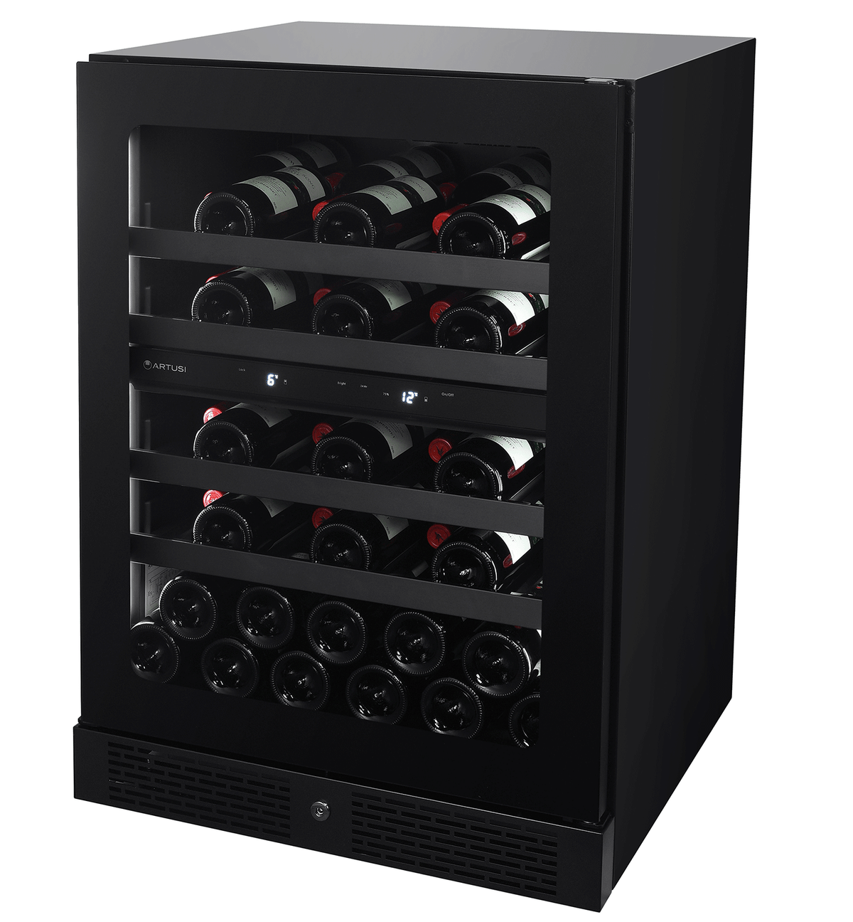 Artusi AWC37BV wine cellar, angled front view with bottles stored on the shelves