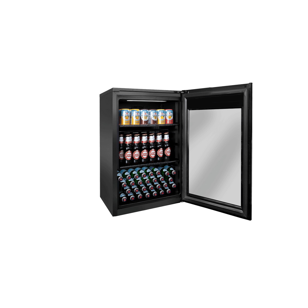 Artusi ABC1B bar fridge with door open, stocked with cans and bottles