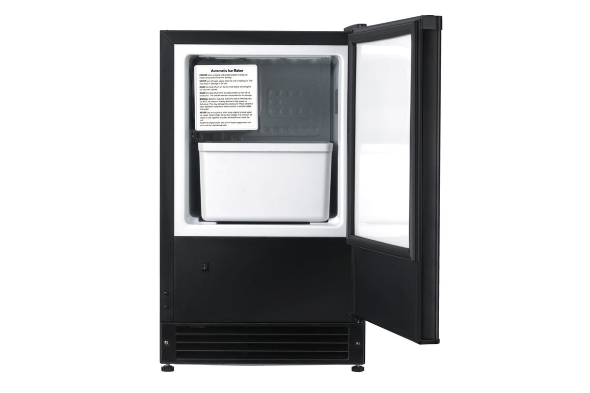 Artusi AIM4009B ice maker with door open showing the ice bin and scoop