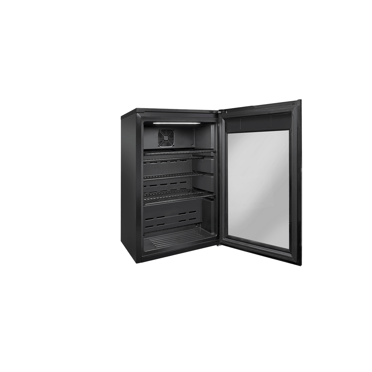 Artusi ABC1B bar fridge with door open and empty retractable shelves