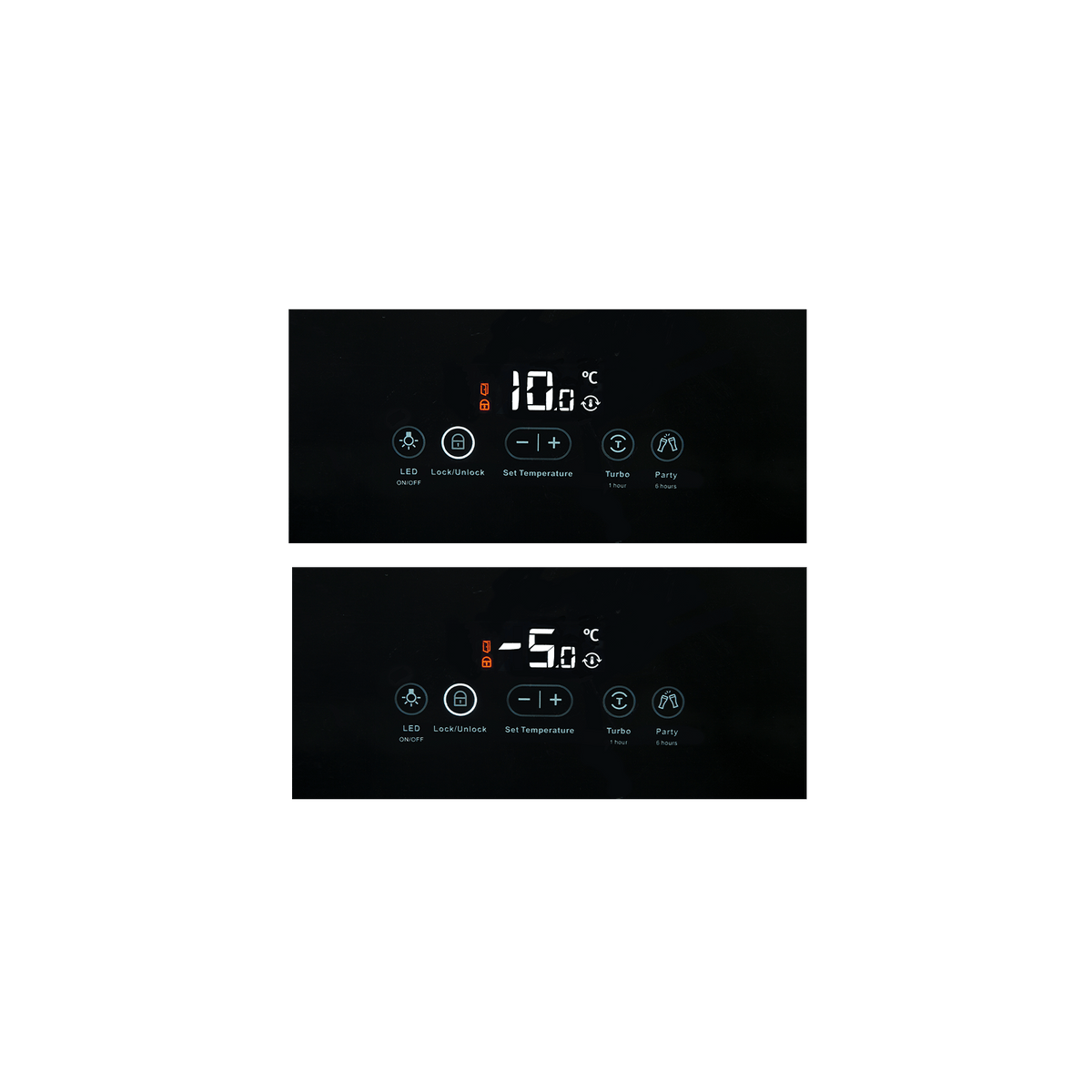 Artusi ABC1B bar fridge touch control display showing 10°C and -5°C