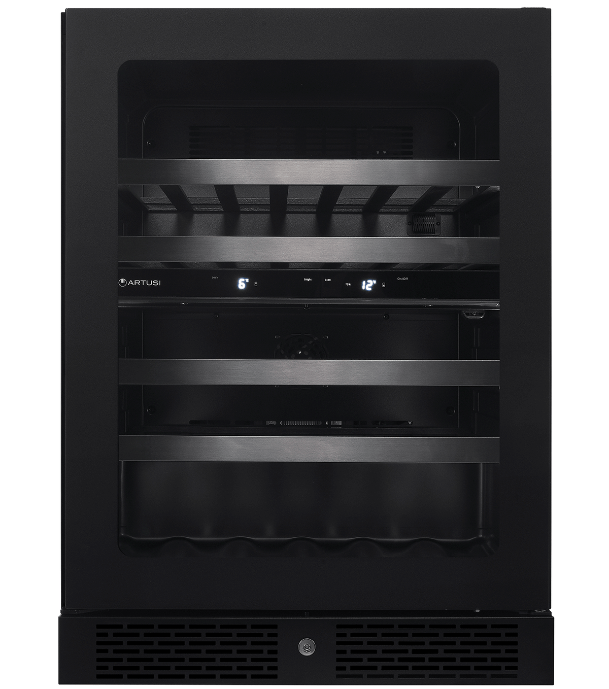 Artusi AWC37BV wine cellar, front view of the closed glass door with the interior lit