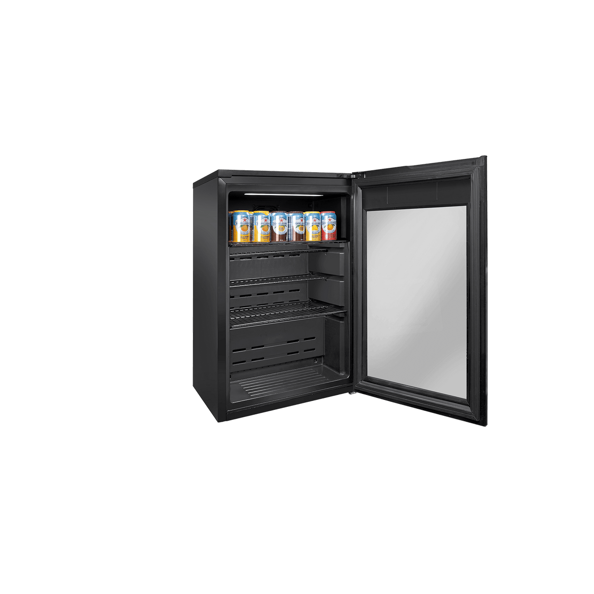 Artusi ABC1B bar fridge with door open, stocked with cans