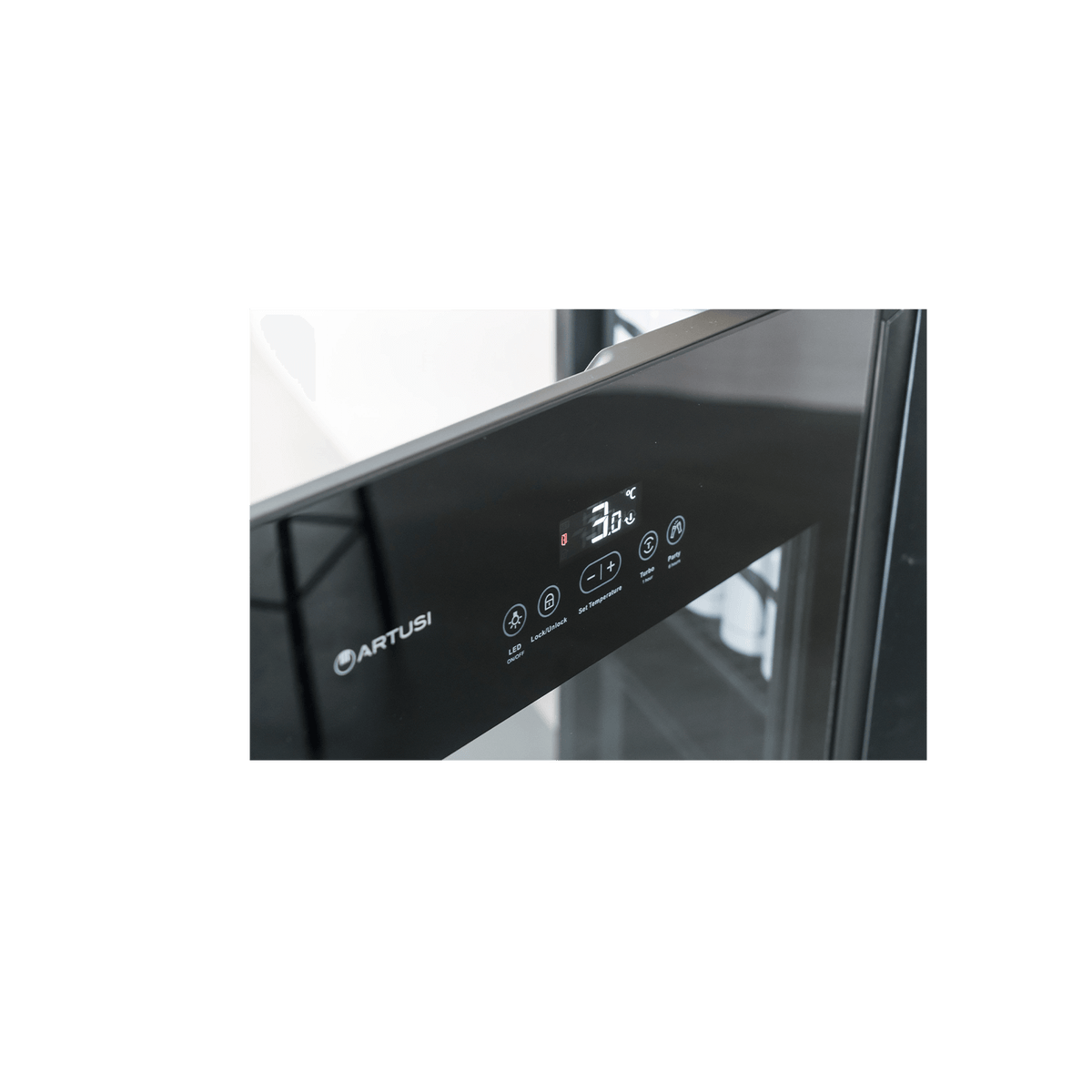 Artusi ABC1B bar fridge close-up of the control panel and glass door