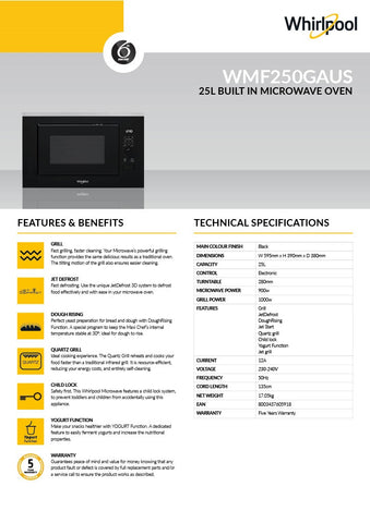 Whirlpool WMF250GAUS 25L Built-In Black Microwave