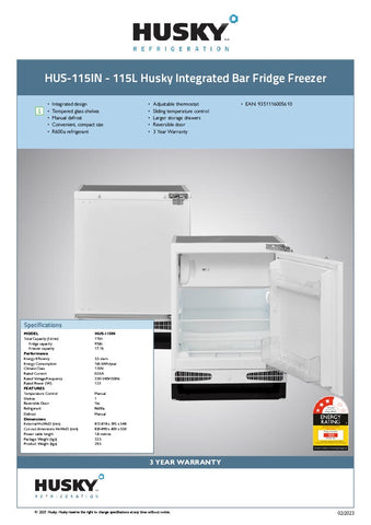 Husky HUS115IN 115L Integrated Bar Fridge Freezer