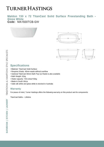 Turner Hastings MA1500TCB Maldon 150cm TitanCast Solid Surface Freestanding Bath
