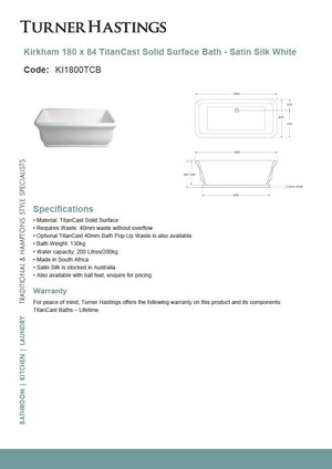 Turner Hastings KI1800TCB Kirkham 180cm TitanCast Solid Surface Freestanding Bath