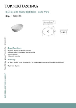 Turner Hastings CL601BA Claremont 60cm Above Counter MagnaCast Basin