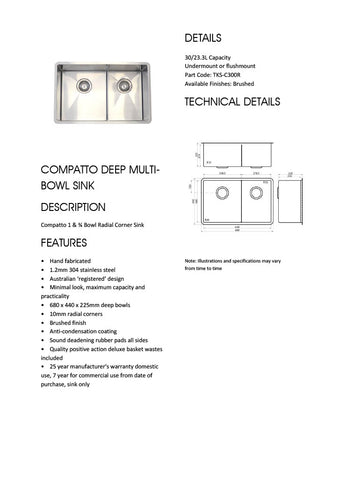 Tilo TKS-C300R Compatto 68cm Wide 1 & 3/4 Deep Multi Bowl Radial Corner Sink