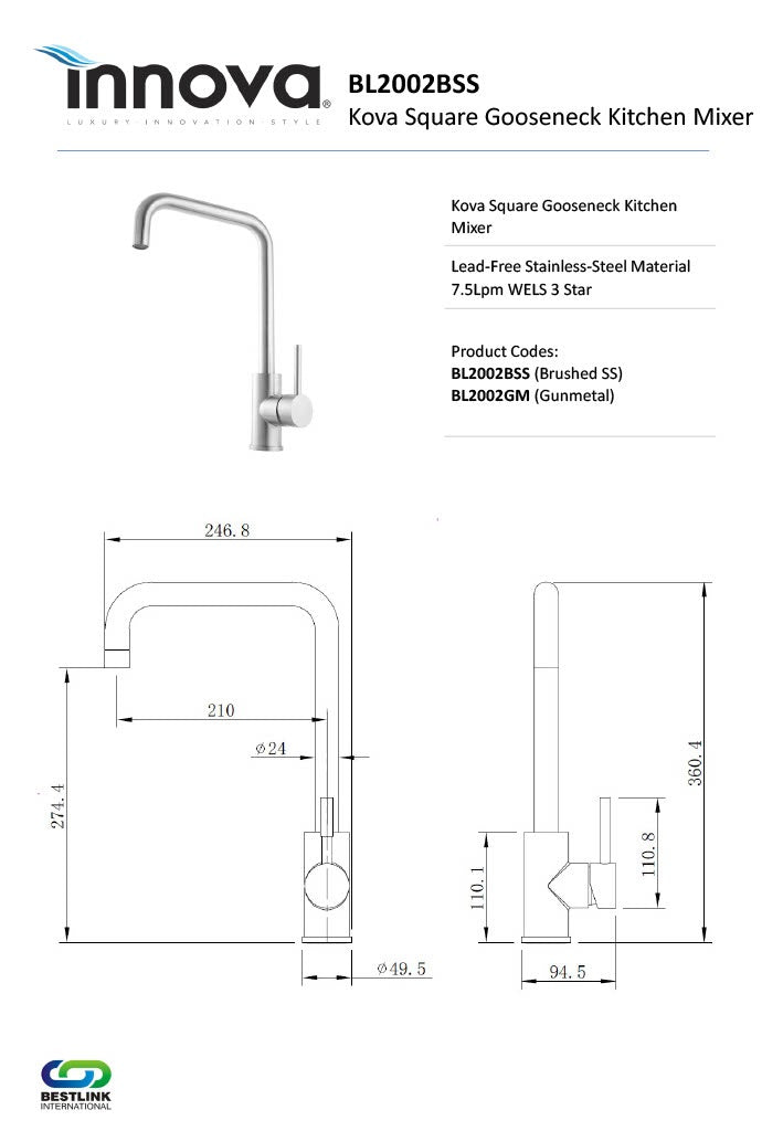 Innova BL2002 Kova Lead Free Square Gooseneck Sink Mixer – 8Appliances