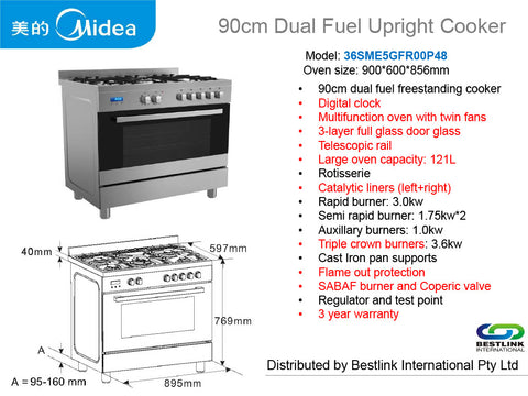 Midea 36SME5GFR00P48 90cm Dual Fuel Upright Cooker