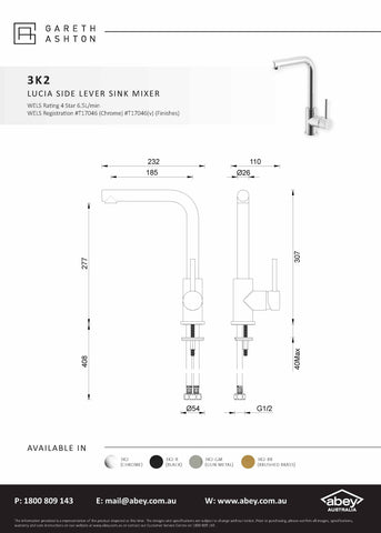 Gareth Ashton 3K2-GM Gunmetal Lucia Side Lever Sink Mixer