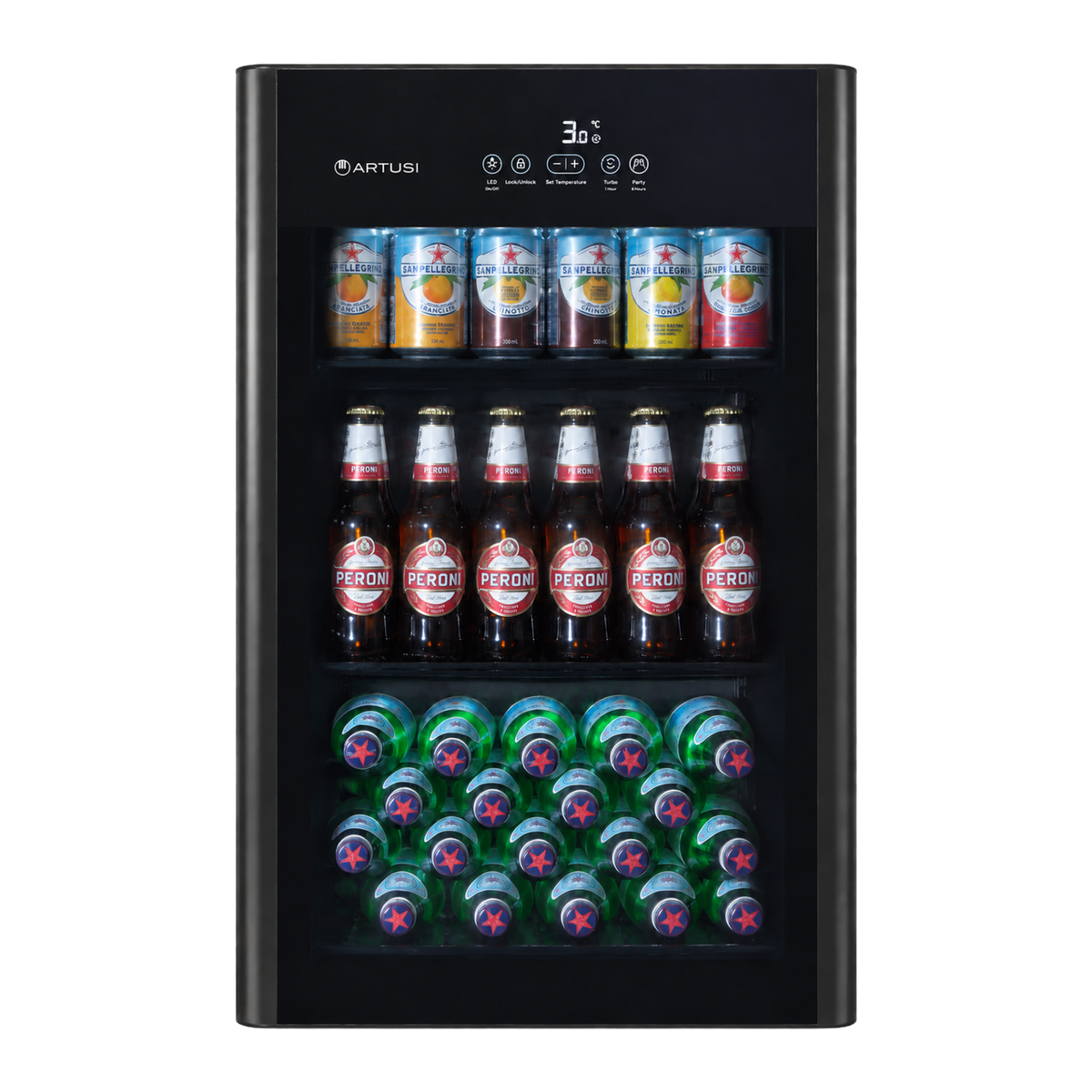 Artusi ABC1B 100L single door bar fridge in black, front view fully stocked
