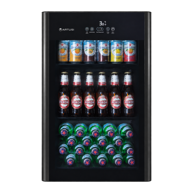 Artusi ABC1B 100L single door bar fridge in black, front view fully stocked