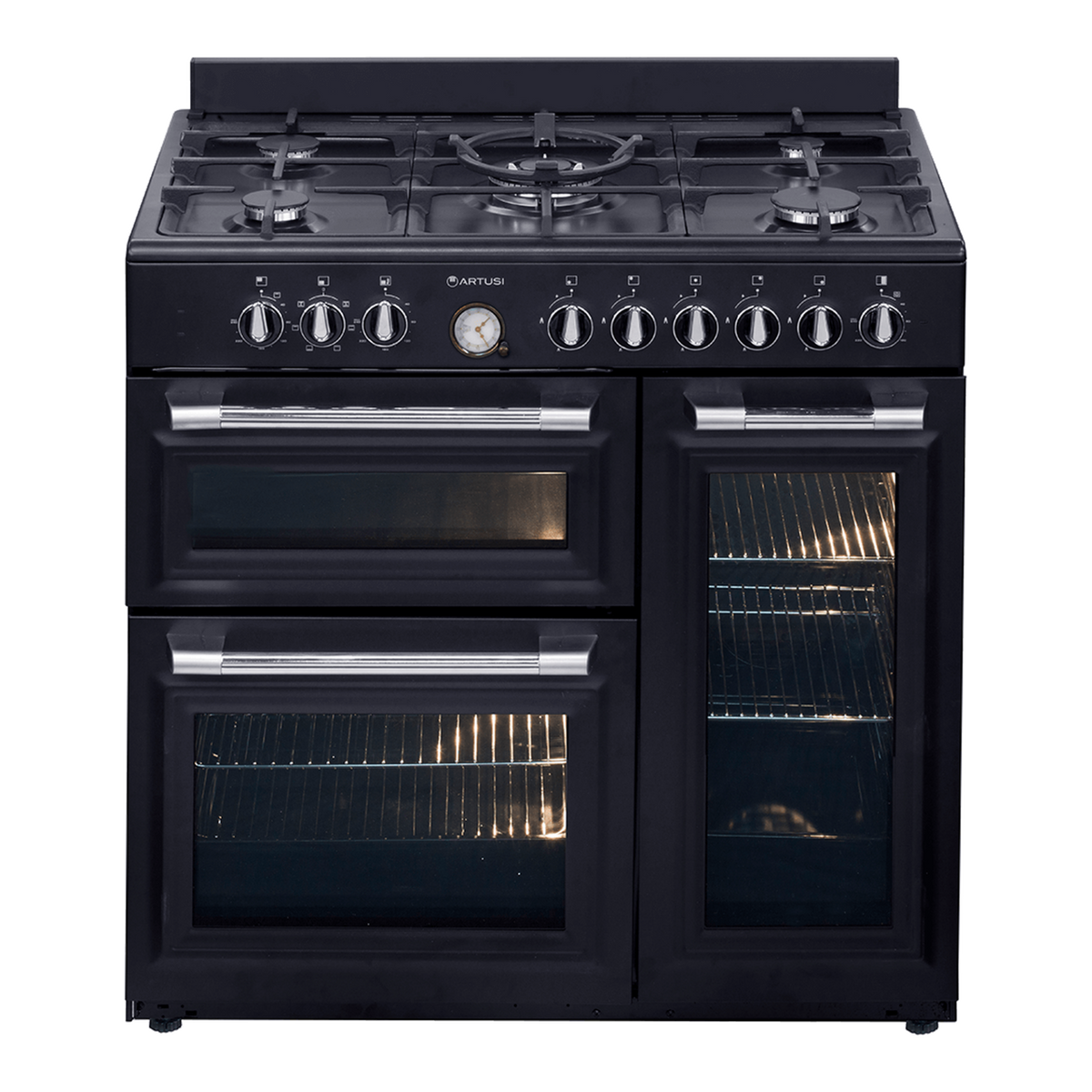 Artusi AFGR935B 90cm matte black freestanding cooker with 5 gas burners and 3 ovens
