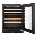 Artusi AINT119GWE 39 bottle 60cm semi-integrated underbench wine cellar with the glass door open, showing wooden shelves
