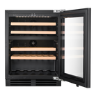 Artusi AINT119GWE 39 bottle 60cm semi-integrated underbench wine cellar with the glass door open, showing wooden shelves