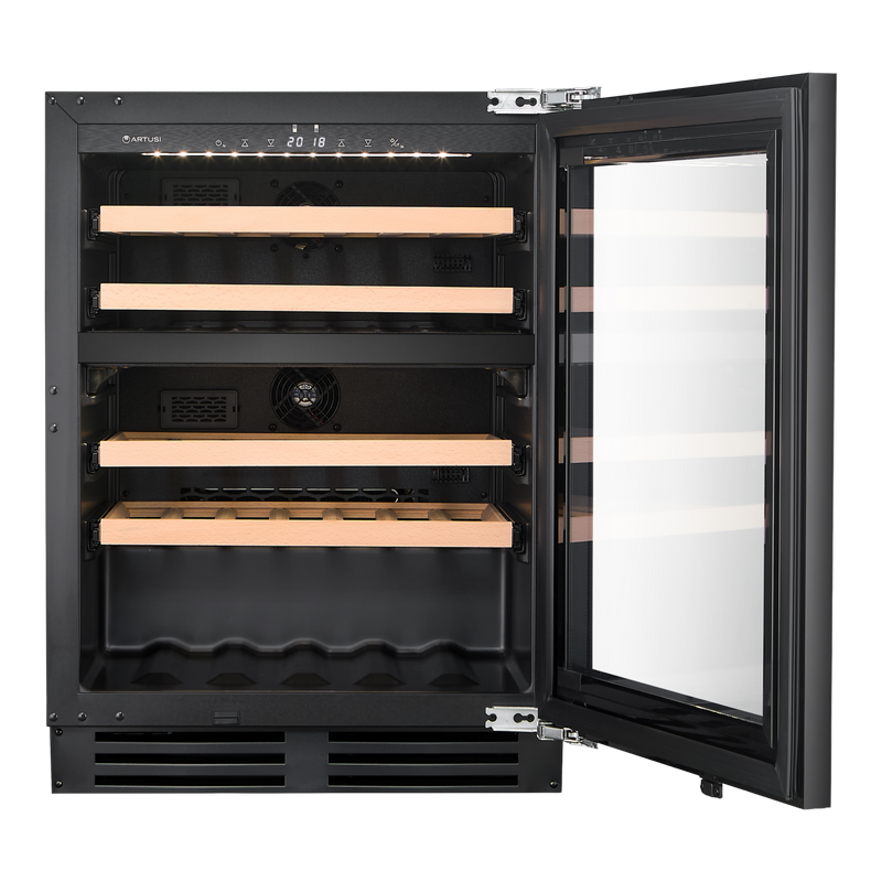 Artusi AINT119GWE 39 bottle 60cm semi-integrated underbench wine cellar with the glass door open, showing wooden shelves