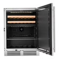 Artusi AOFDZ127X 127L dual zone outdoor beverage chiller with door open showing beech wood shelves