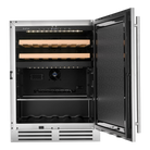 Artusi AOFDZ127X 127L dual zone outdoor beverage chiller with door open showing beech wood shelves