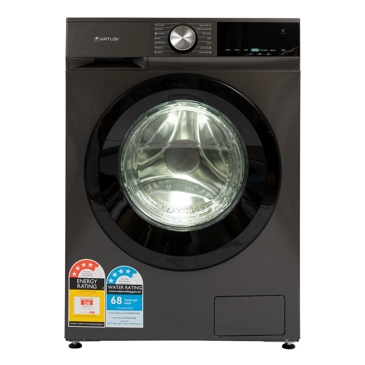 Artusi AWM8000GB 8kg Front Load Washing Machine in Grey - front view