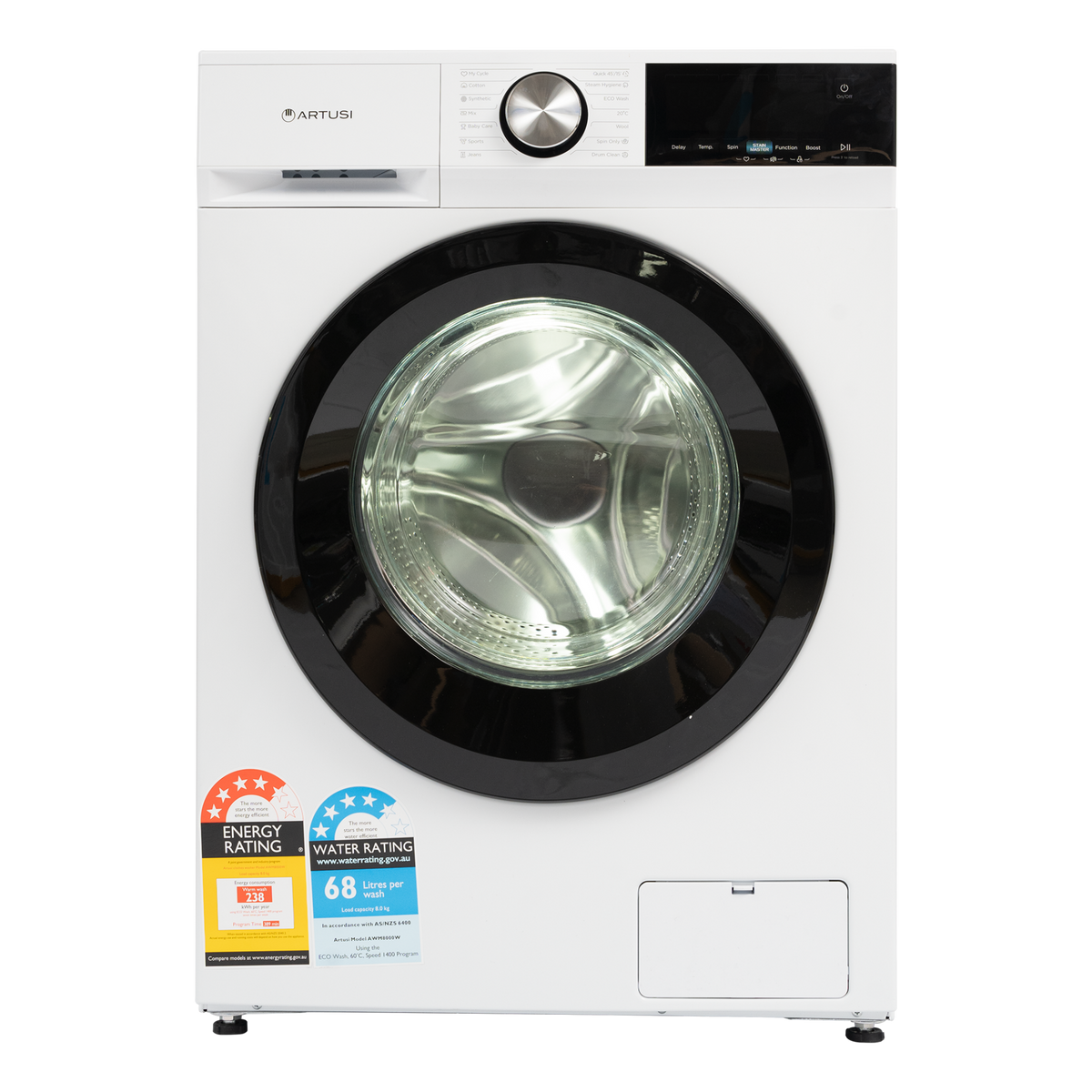 Artusi AWM8000W 8kg Front Load Washing Machine in White - front view
