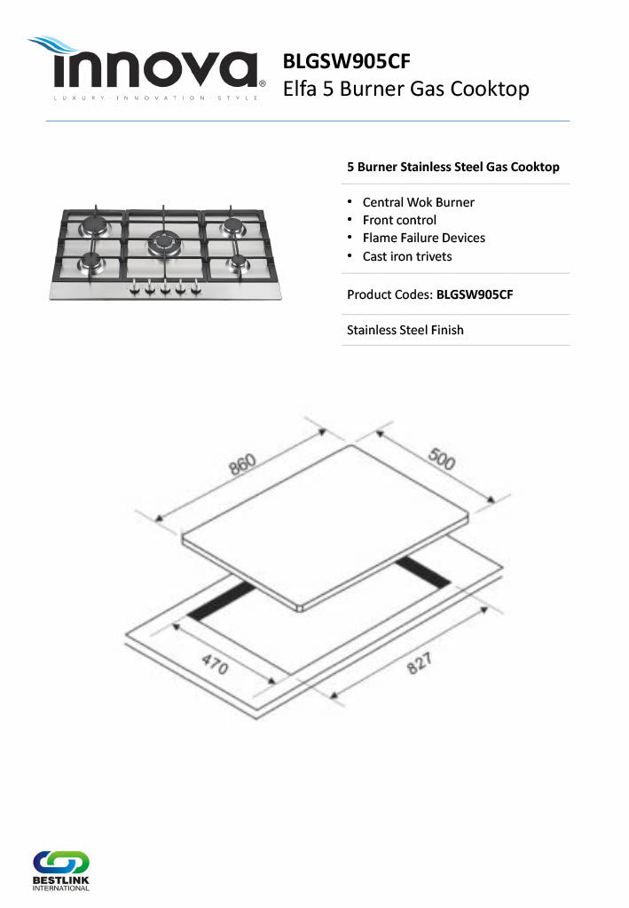 Elfa BLGSW905CF 860mm Gas Cooktop 8Appliances
