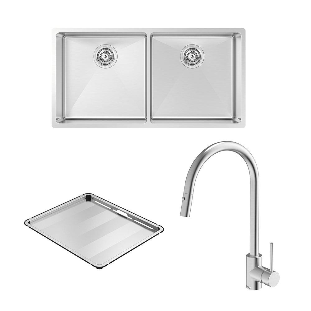Abey FRA400DT15 Alfresco 400 Double Bowl Sink with Drain Tray and KTA037-316-BR Kitchen Mixer