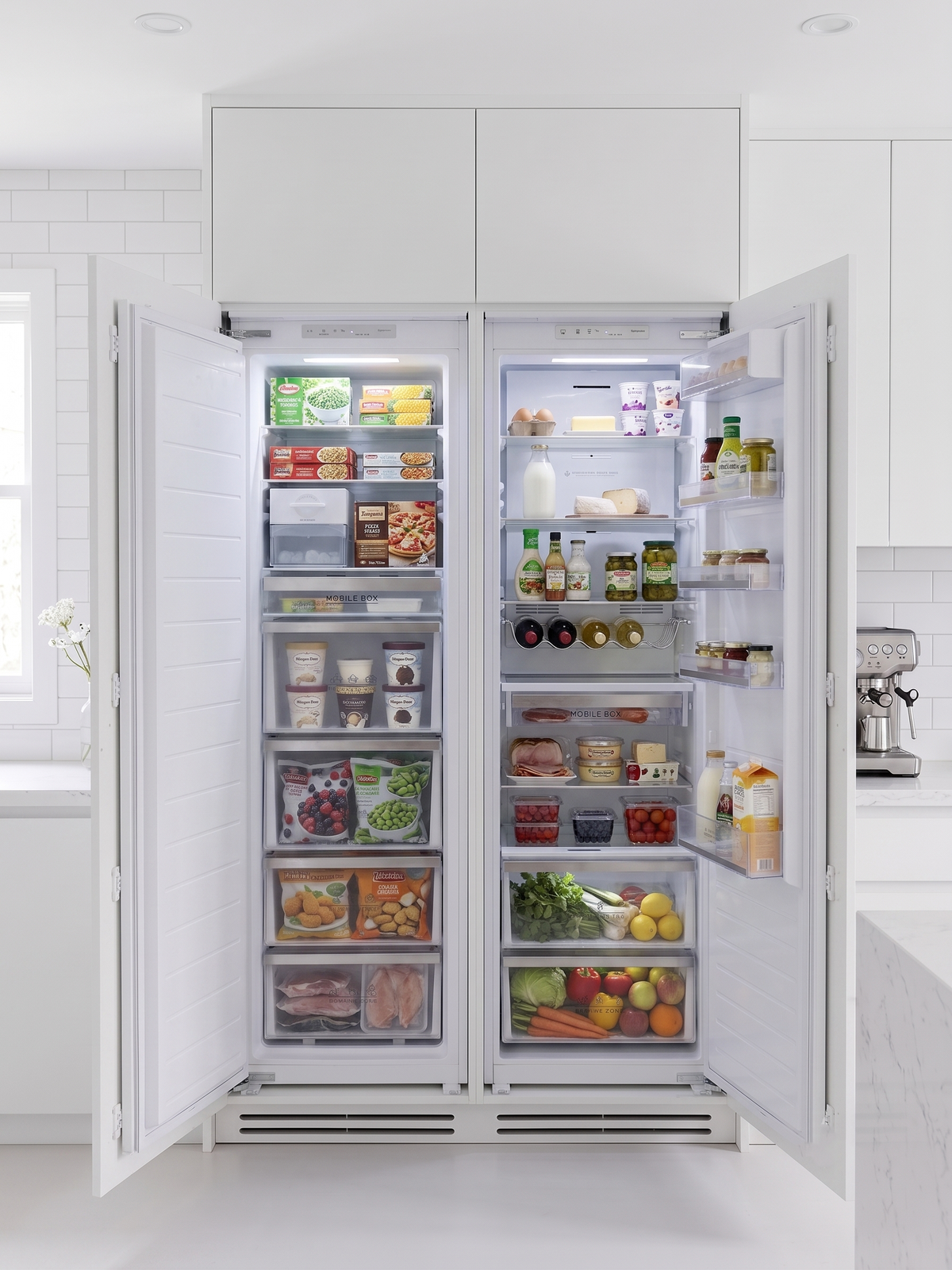 Kleenmaid CZ21911 and CR30911 fully integrated refrigerator and freezer in a white kitchen with food