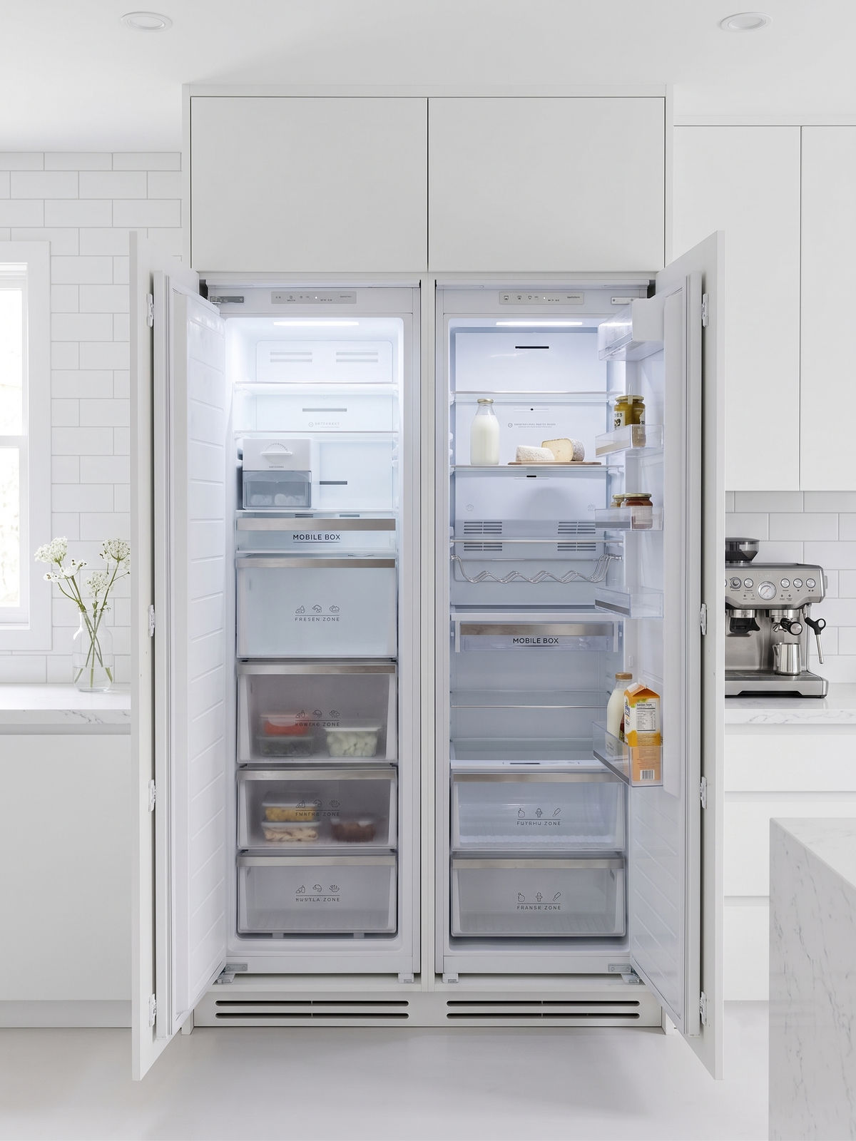 Kleenmaid CR30911 and CZ21911 fully integrated refrigerator and freezer in a white kitchen