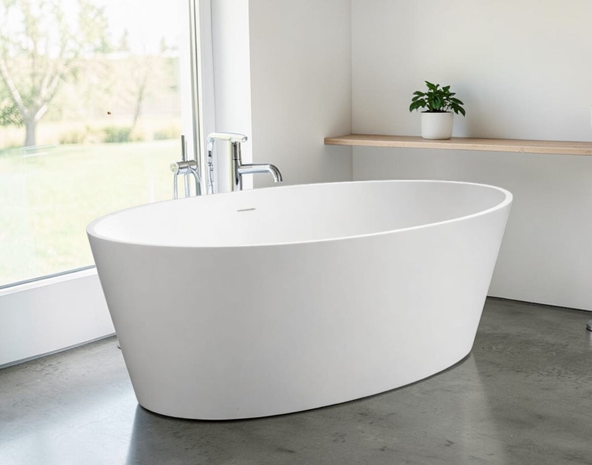 Kaskade VX15-1600 Lyka freestanding oval stone bath in bathroom setting