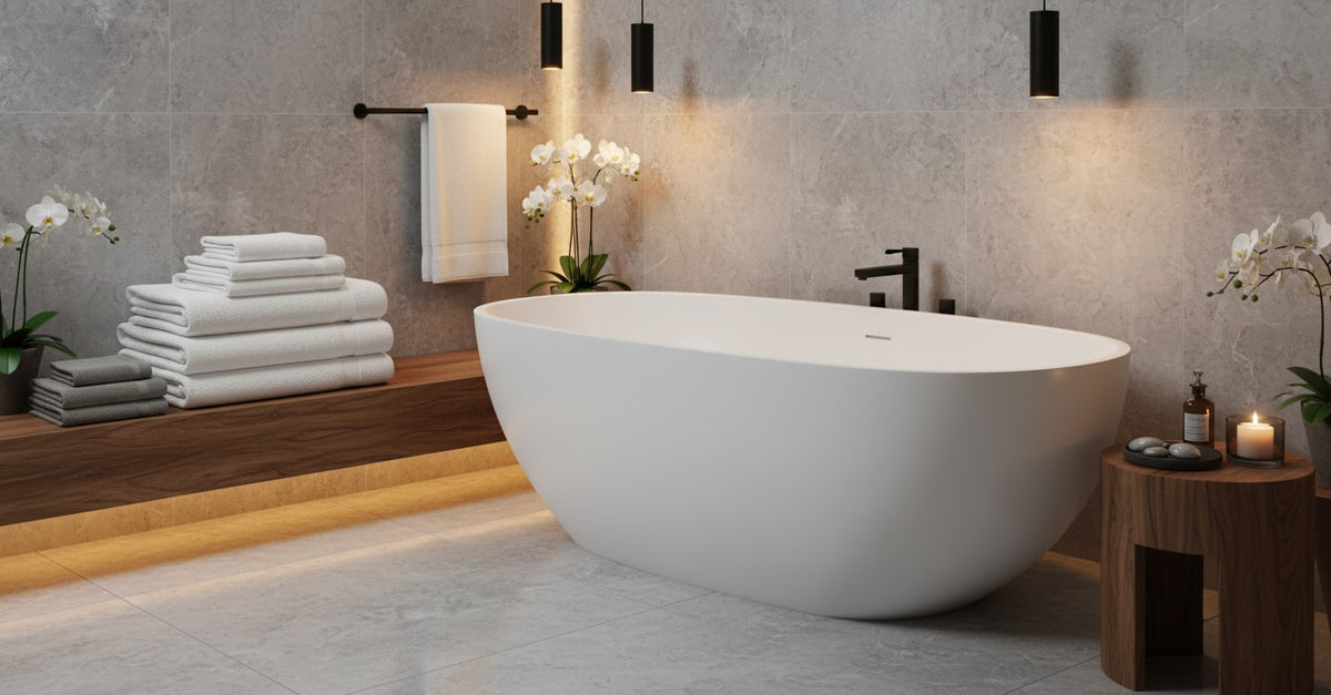 Kaskade Georgia freestanding stone bath in a styled bathroom