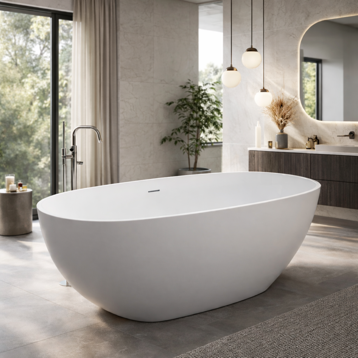 Kaskade Georgia freestanding stone bath in a contemporary bathroom