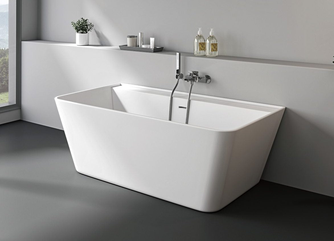Kaskade Hazel VX41-1700 back-to-wall stone bath in a contemporary bathroom setting