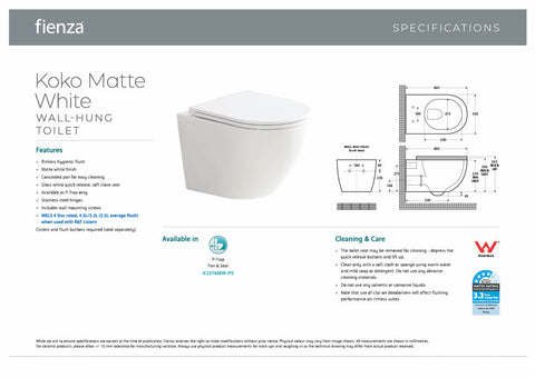 Fienza K2376MW Koko Matte White Wall-Hung Toilet Suite